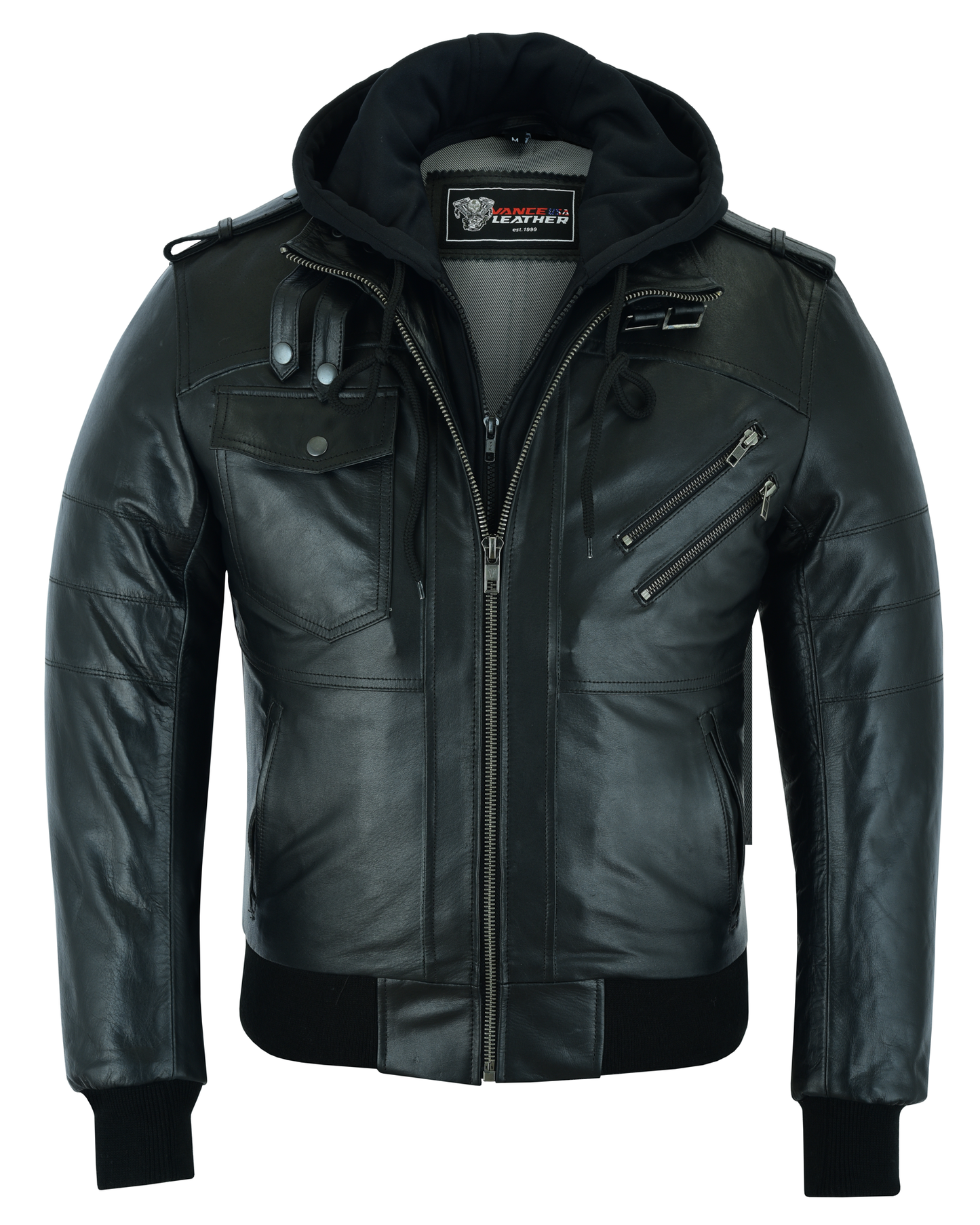 Men's Sven Bomber Black Waxed Premium Cowhide Motorcycle Leather Jacket with Removeable Hood
