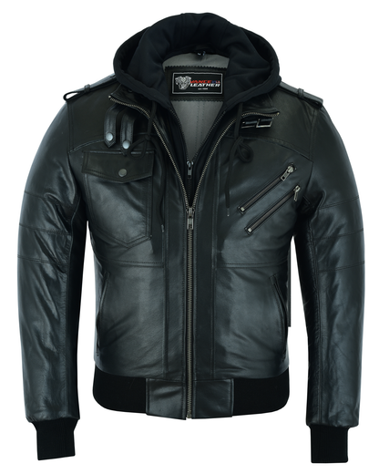 Men's Sven Bomber Black Waxed Premium Cowhide Motorcycle Leather Jacket with Removeable Hood