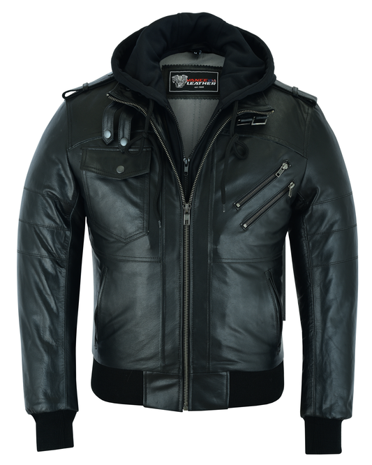 Men's Sven Bomber Black Waxed Premium Cowhide Motorcycle Leather Jacket with Removeable Hood