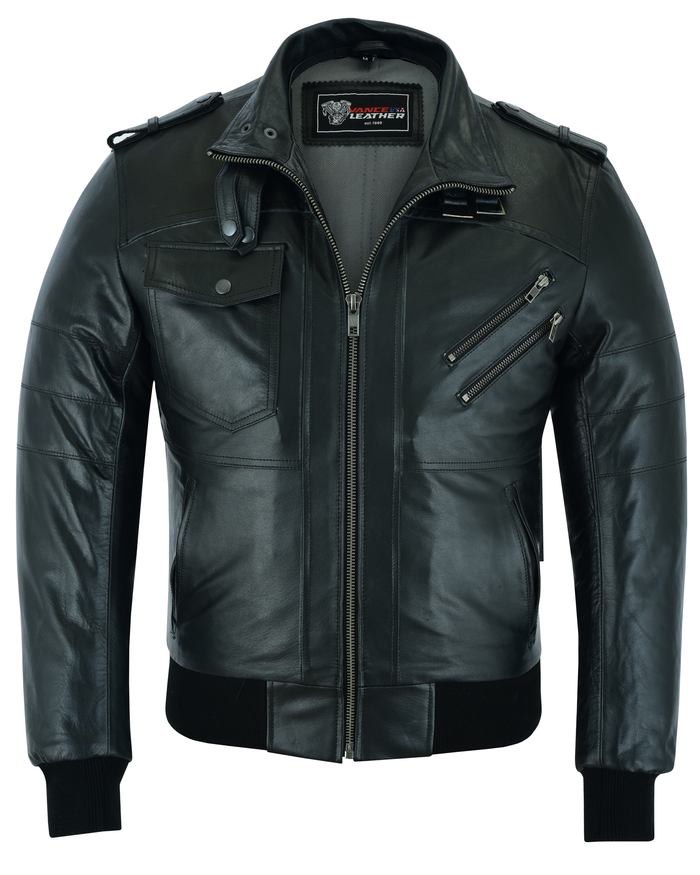 Men's Sven Bomber Black Waxed Premium Cowhide Motorcycle Leather Jacket with Removeable Hood