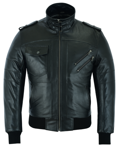Men's Sven Bomber Black Waxed Premium Cowhide Motorcycle Leather Jacket with Removeable Hood