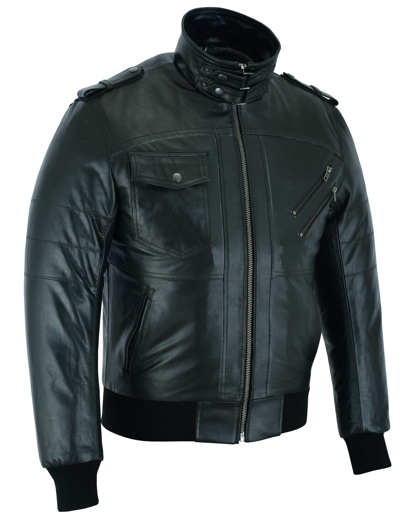 Men's Sven Bomber Black Waxed Premium Cowhide Motorcycle Leather Jacket with Removeable Hood