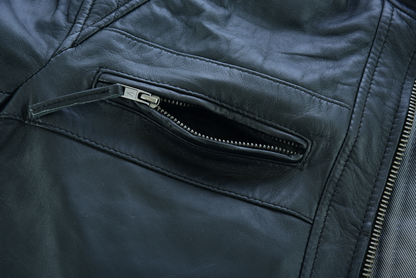 Men's Cafe Racer Gatsby Black Waxed Lambskin Motorcycle Leather Jacket