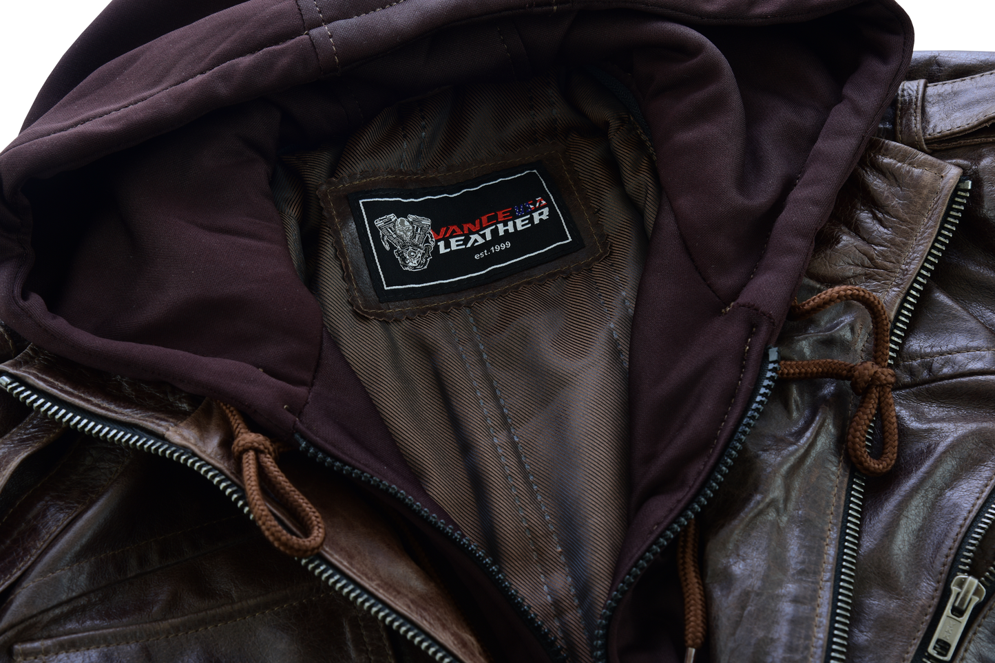 Mens Vincent Brown Waxed Premium Cowhide Motorcycle Leather Jacket With Removeable Hoodie