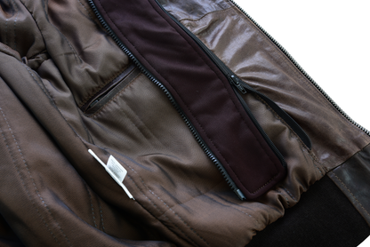 Mens Vincent Brown Waxed Premium Cowhide Motorcycle Leather Jacket With Removeable Hoodie