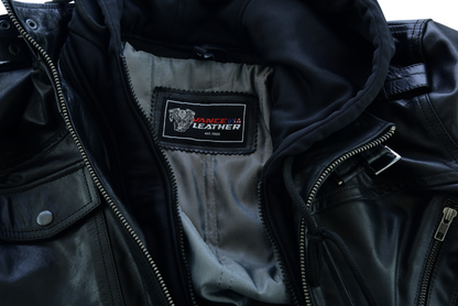 Men's Sven Bomber Black Waxed Premium Cowhide Motorcycle Leather Jacket with Removeable Hood