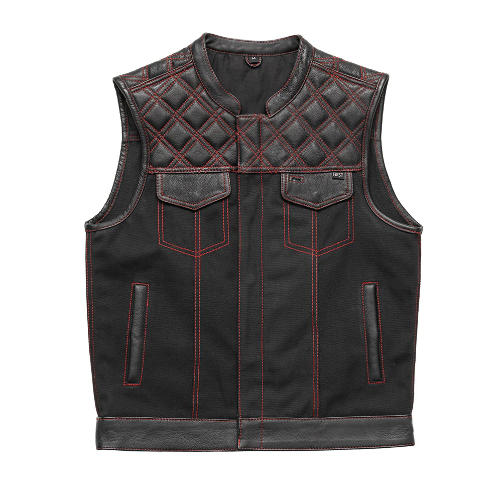 Hunt Club - Men's Motorcycle Leather & Canvas Vest (Red Lining)