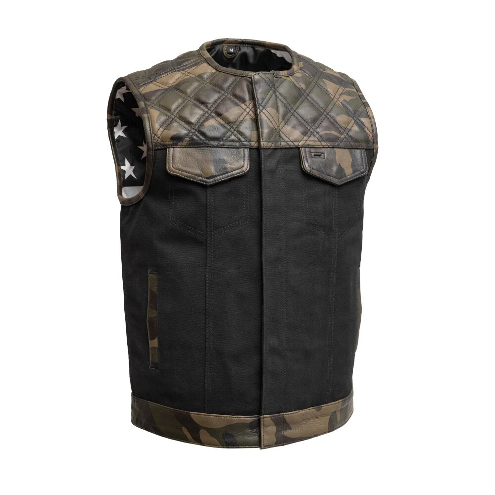 Infantry Vest - Canvas Vest with Woodland Camo Leather Accents :...