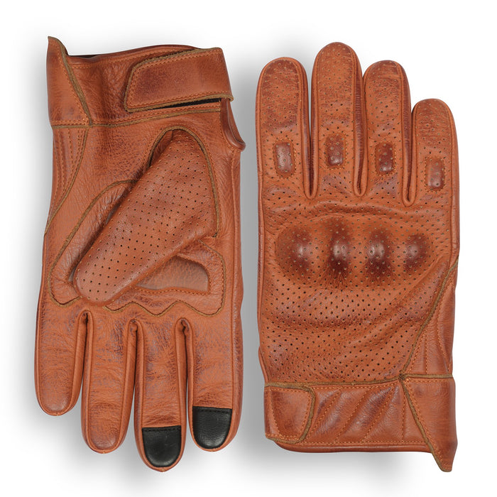 Men's Premium Waxed Austin Brown Leather Perforated Motorcycle Gloves