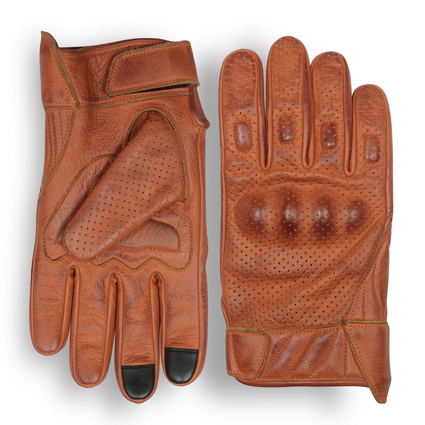 Men's Premium Waxed Austin Brown Leather Perforated Motorcycle Gloves