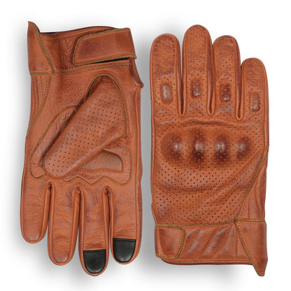 Men's Premium Waxed Austin Brown Leather Perforated Motorcycle Gloves