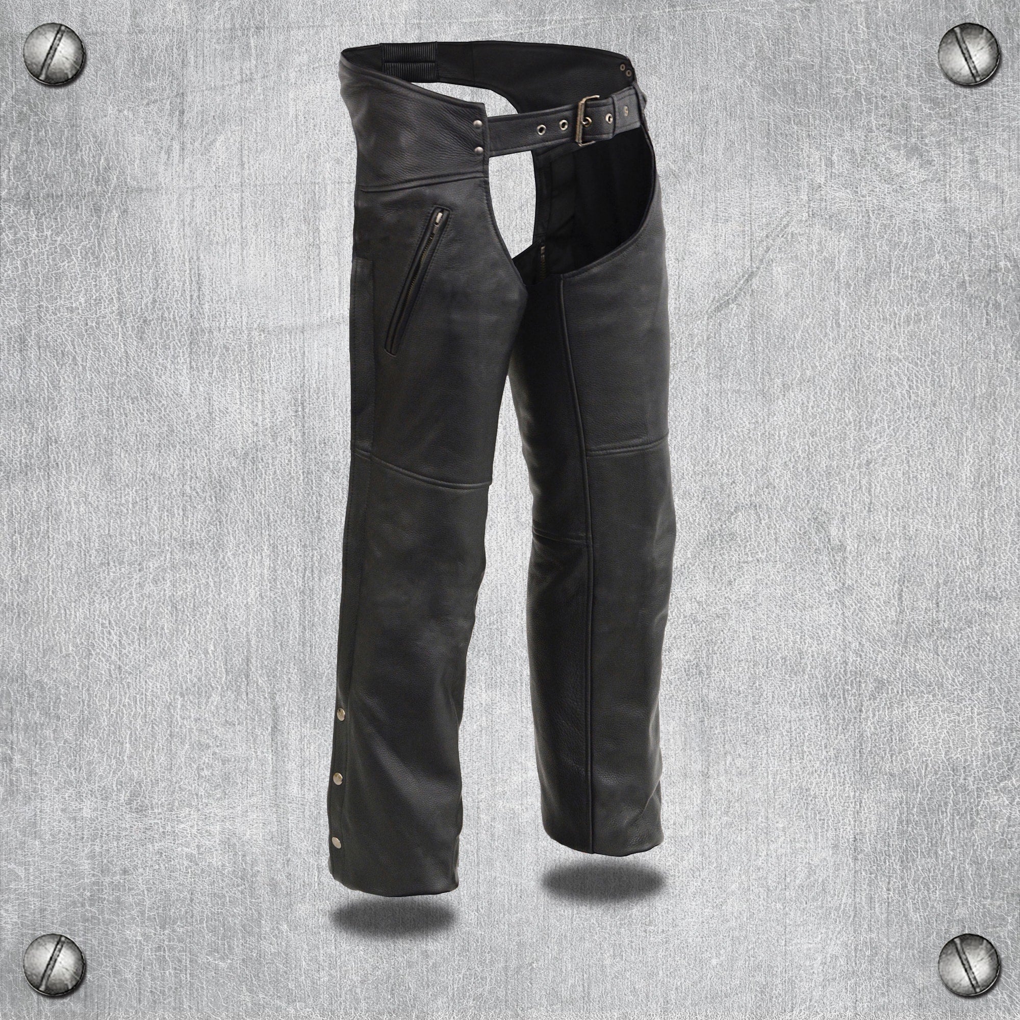 Men's Leather Chaps w/ Zippered Thigh Pockets & Heated Technology