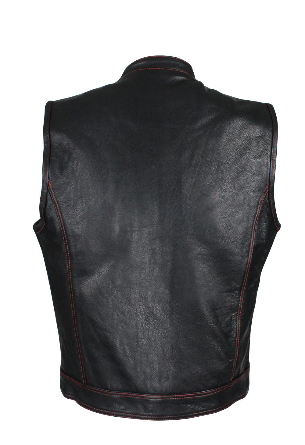 Men's Black Naked Cowhide Leather Motorcycle Vest W/ Red Stitching