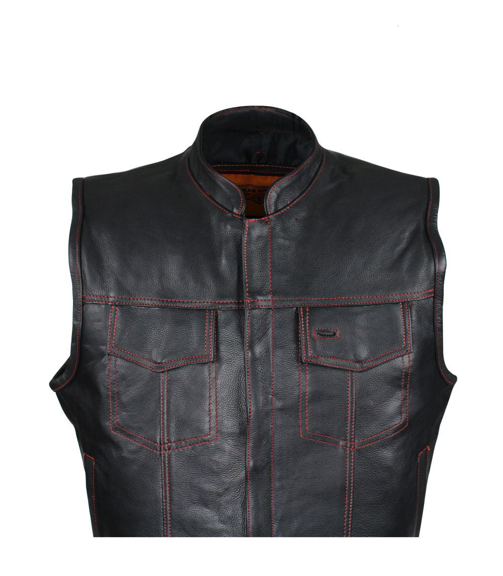 Men's Black Naked Cowhide Leather Motorcycle Vest W/ Red Stitching