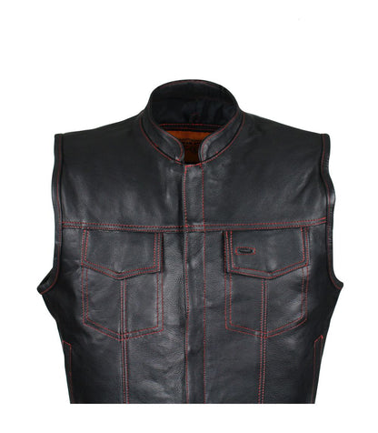 Men's Black Naked Cowhide Leather Motorcycle Vest W/ Red Stitching