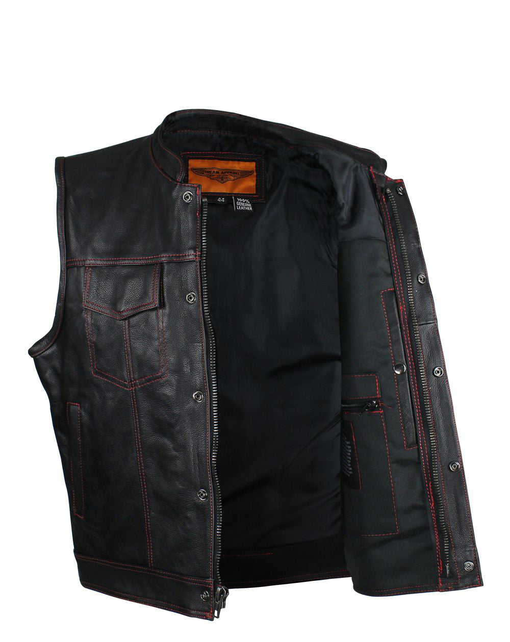 Men's Black Naked Cowhide Leather Motorcycle Vest W/ Red Stitching