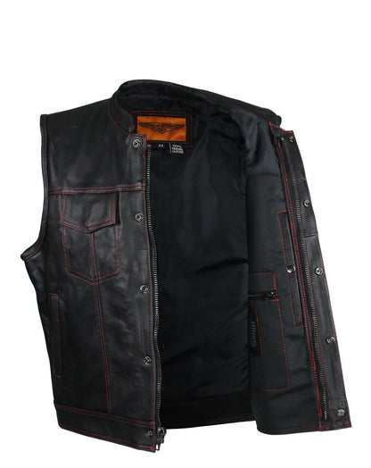 Men's Black Naked Cowhide Leather Motorcycle Vest W/ Red Stitching