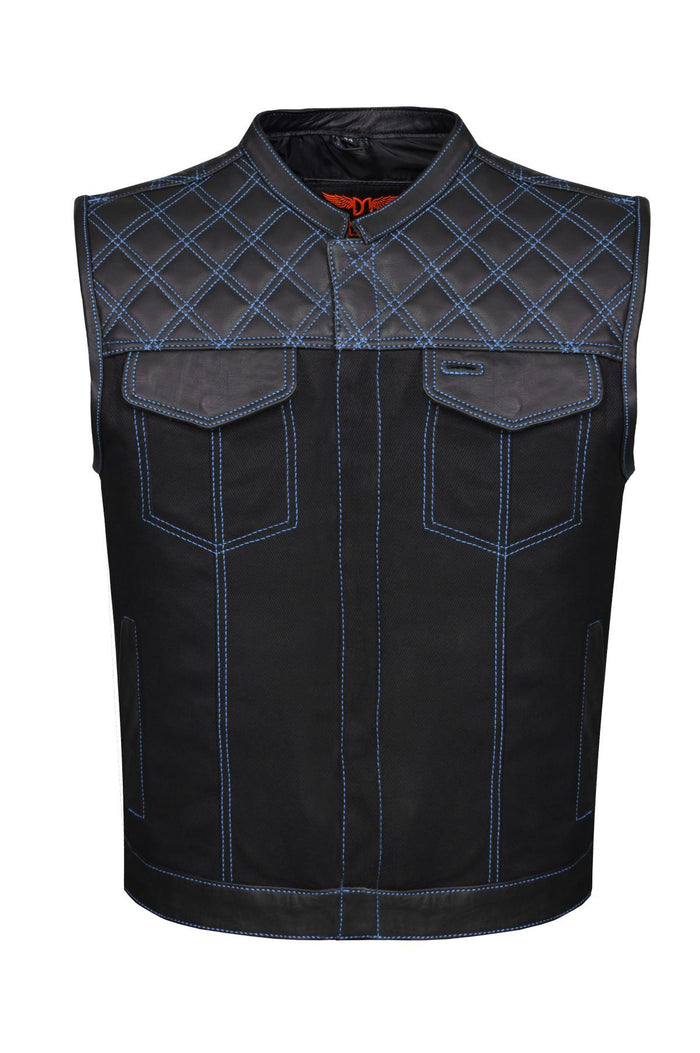 Mens Black Denim & Leather Motorcycle Club Vest Blue Thread Zipper Front, Diamond Padding