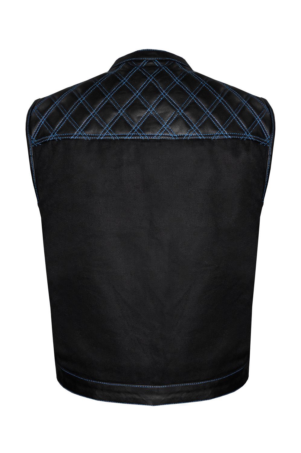 Mens Black Denim & Leather Motorcycle Club Vest Blue Thread