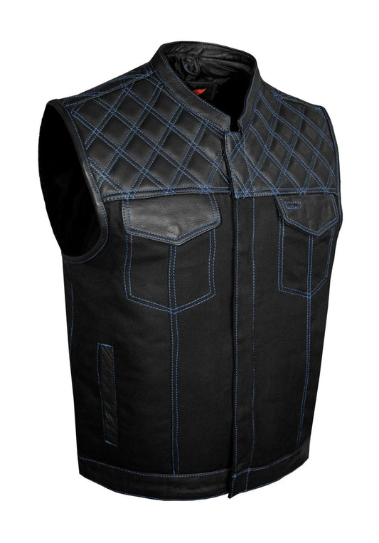 Mens Black Denim & Leather Motorcycle Club Vest Blue Thread Zipper Front, Diamond Padding
