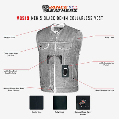 Men's Black Denim Collarless Vest