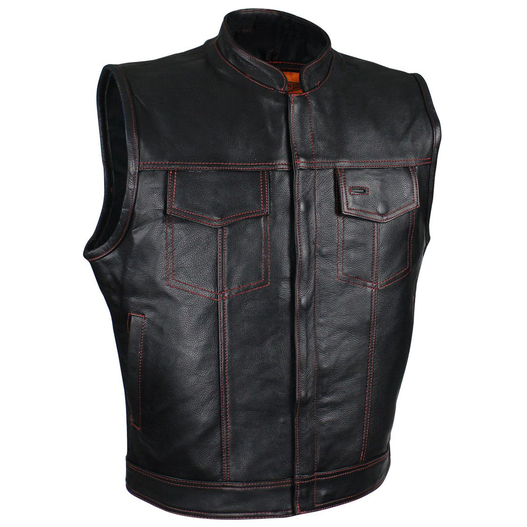 Men's Black Naked Cowhide Leather Motorcycle Vest W/ Red Stitching