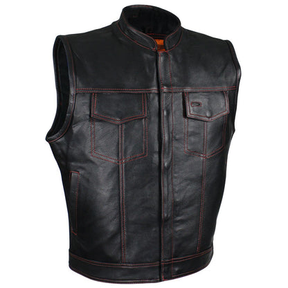 Men's Black Naked Cowhide Leather Motorcycle Vest W/ Red Stitching