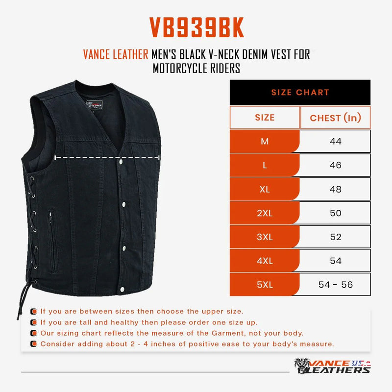 Men's Black V-Neck Denim Vest for Motorcycle Riders