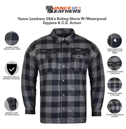 Men's Riding Flannel Shirts W/ Waterproof Zippers & Optional C.E. Armor (Available in 6 colors)