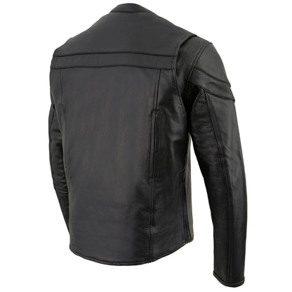 Men's Black Sporty Crossover Scooter Style Leather Motorcycle Jacket w/ Reflective Piping