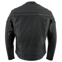 Men's Black Sporty Crossover Scooter Style Leather Motorcycle Jacket w/ Reflective Piping