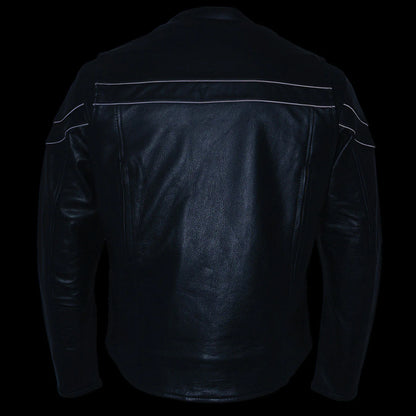 Men's Black Sporty Crossover Scooter Style Leather Motorcycle Jacket w/ Reflective Piping