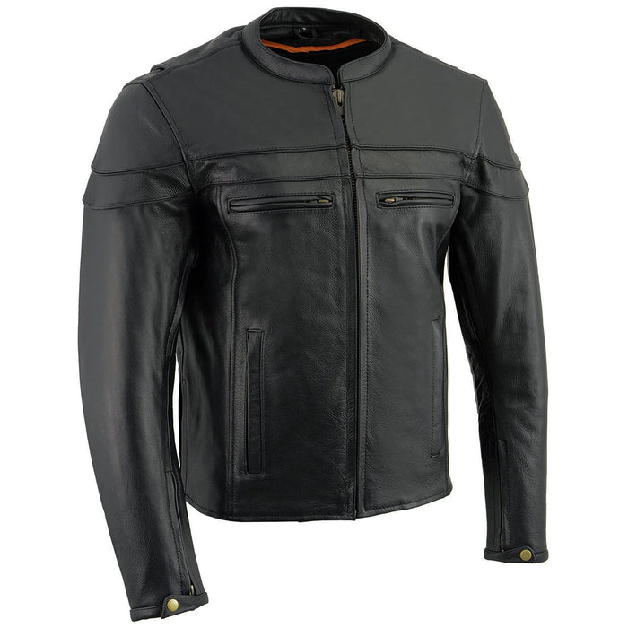 Men's Black Sporty Crossover Scooter Style Leather Motorcycle Jacket w/ Reflective Piping