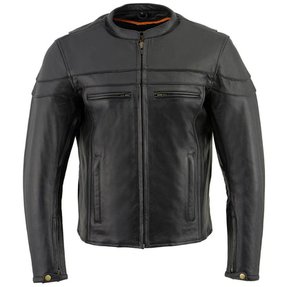 Men's Black Sporty Crossover Scooter Style Leather Motorcycle Jacket w/ Reflective Piping