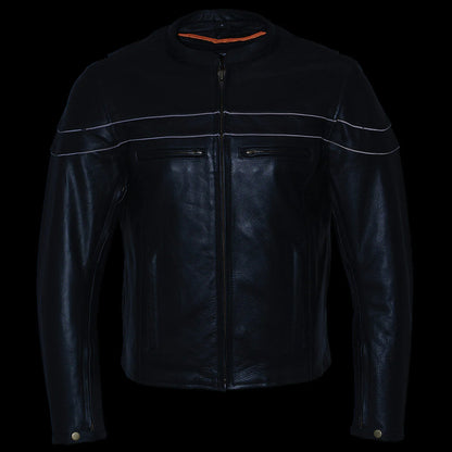 Men's Black Sporty Crossover Scooter Style Leather Motorcycle Jacket w/ Reflective Piping