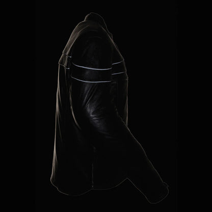 Men's Black Sporty Crossover Scooter Style Leather Motorcycle Jacket w/ Reflective Piping