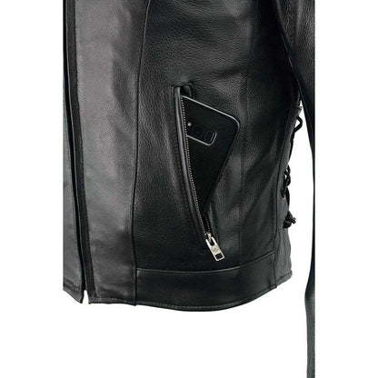 Men's Black Vented Scooter Leather Jacket with Side Laces