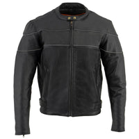Mens Black Leather Scooter Style Motorcycle Jacket w/ Side Stretch and Reflective Piping