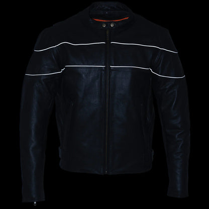 Mens Black Leather Scooter Style Motorcycle Jacket w/ Side Stretch and Reflective Piping