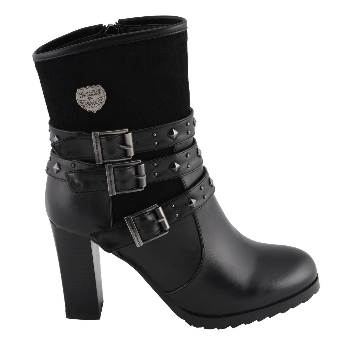 Womens Black Triple Buckle Strap Riding Boot with Block Heel