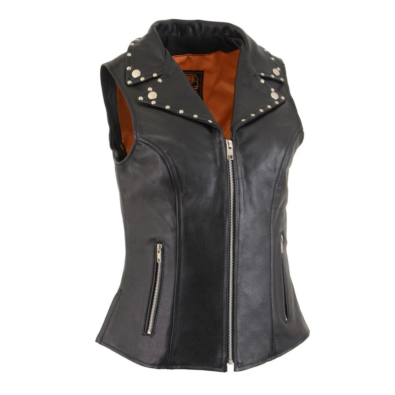 Ladies Black Leather Vest with Riveted Lapel Collar
