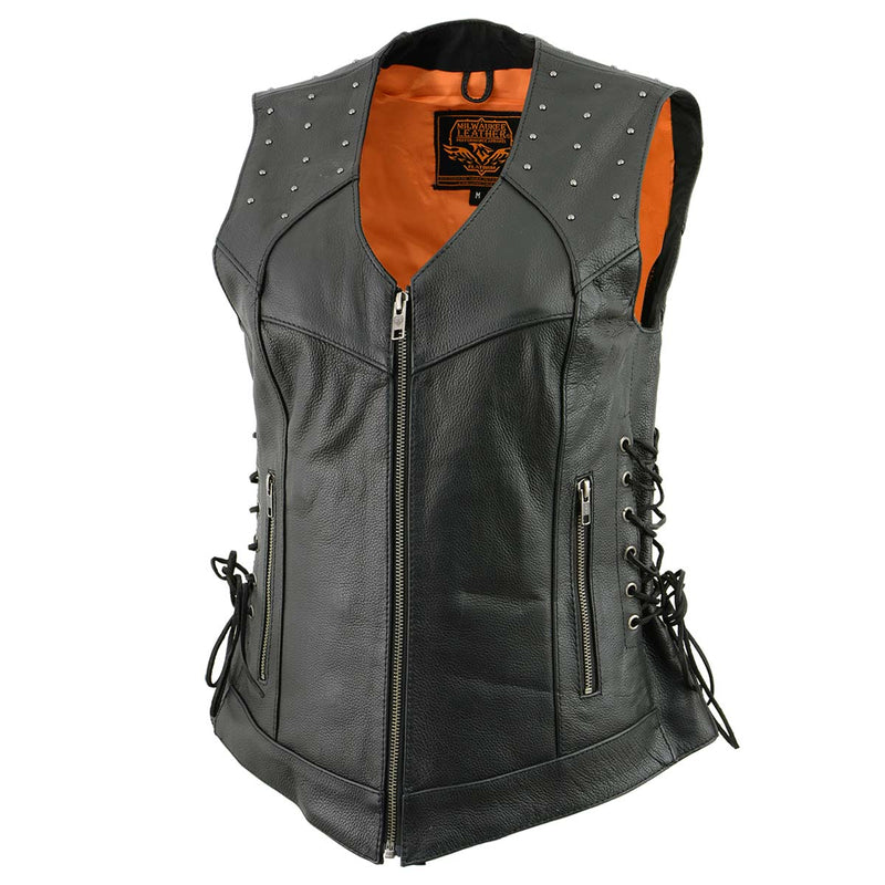 Milwaukee Leather MLL4504 Women's 'Riveted' Black Leather Vest with Side Laces