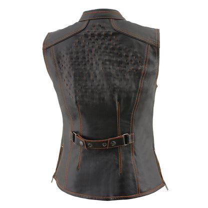 Milwaukee Leather MLL4507 Women's 'Laser Cut' Distressed Black and Orange Scuba Style Vest