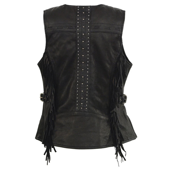 Women's Black Fringed Leather Vest with Gun Pockets