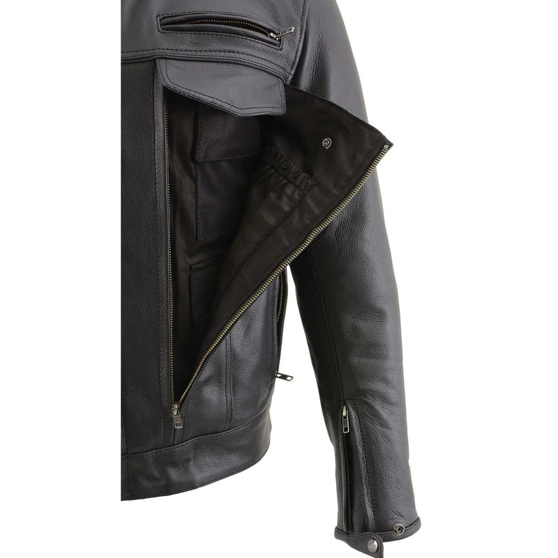 Men's 'Cool-Tec' Black Real Leather Scooter Style Motorcycle Jacket with Utility Pockets