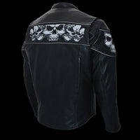 Men's Crossover Black Leather Scooter Jacket with Reflective Skulls
