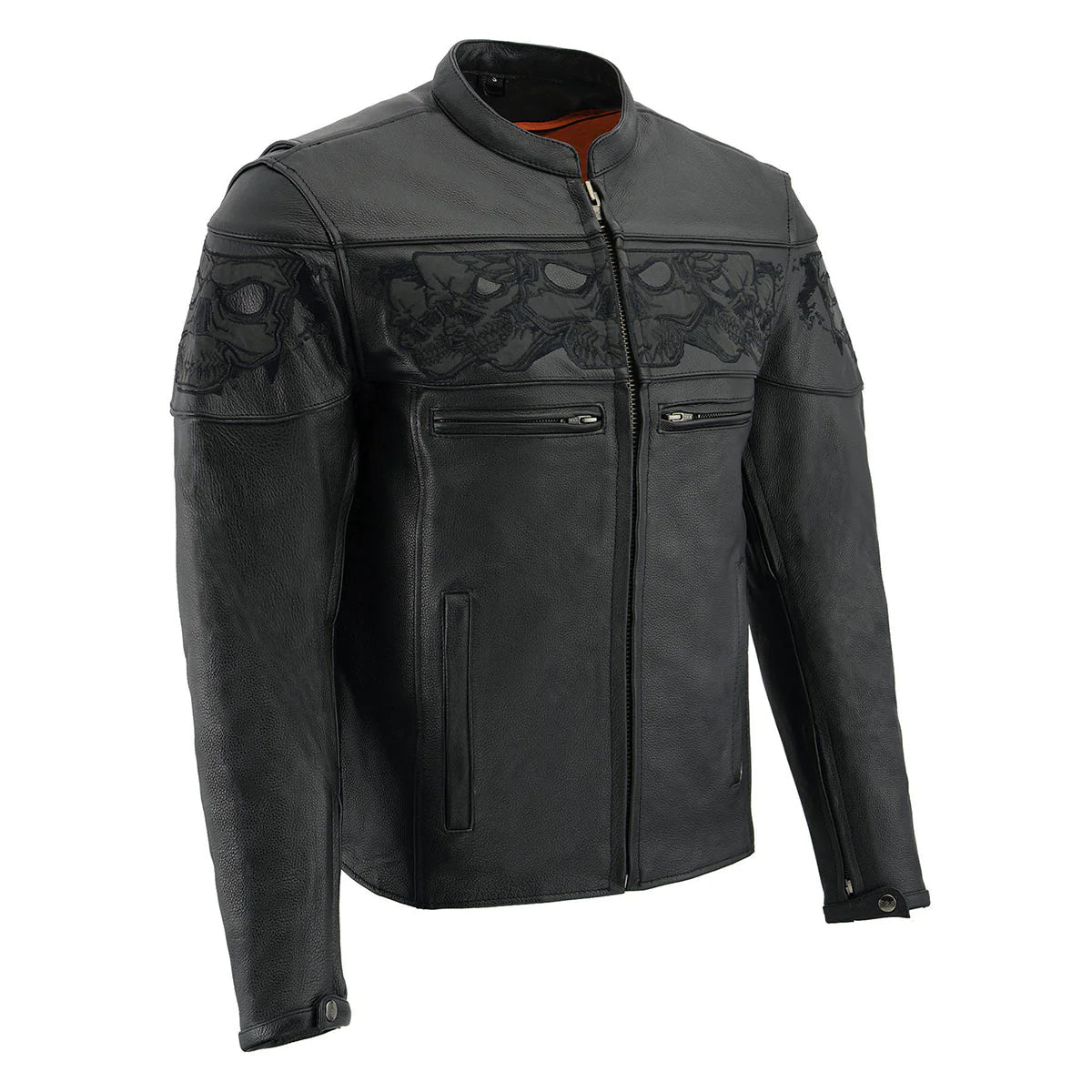 Men's Crossover Black Leather Scooter Jacket with Reflective Skulls