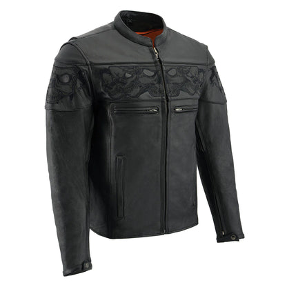 Men's Crossover Black Leather Scooter Jacket with Reflective Skulls