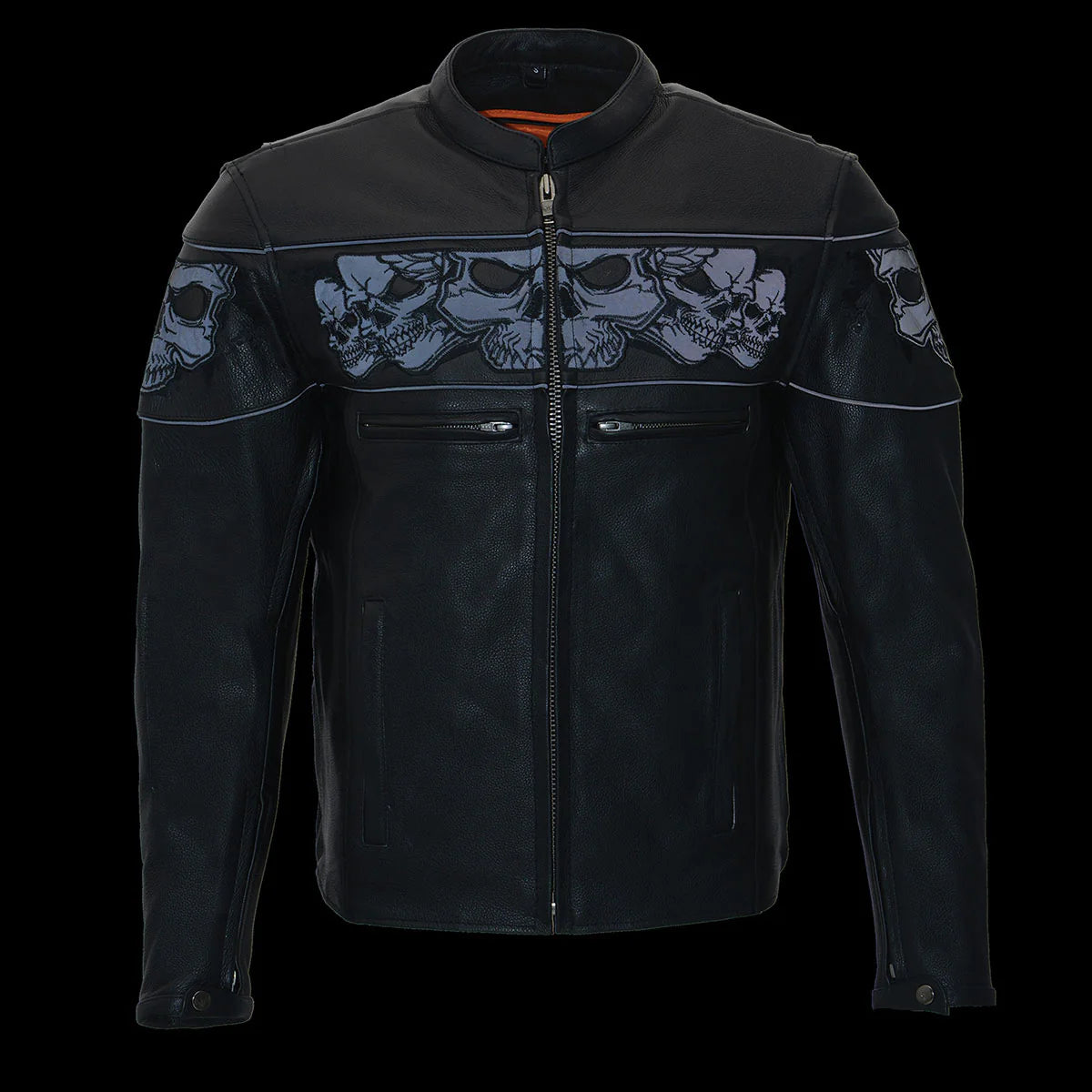 Men's Crossover Black Leather Scooter Jacket with Reflective Skulls