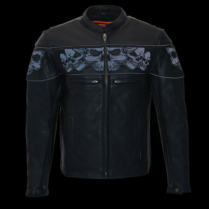 Men's Crossover Black Leather Scooter Jacket with Reflective Skulls